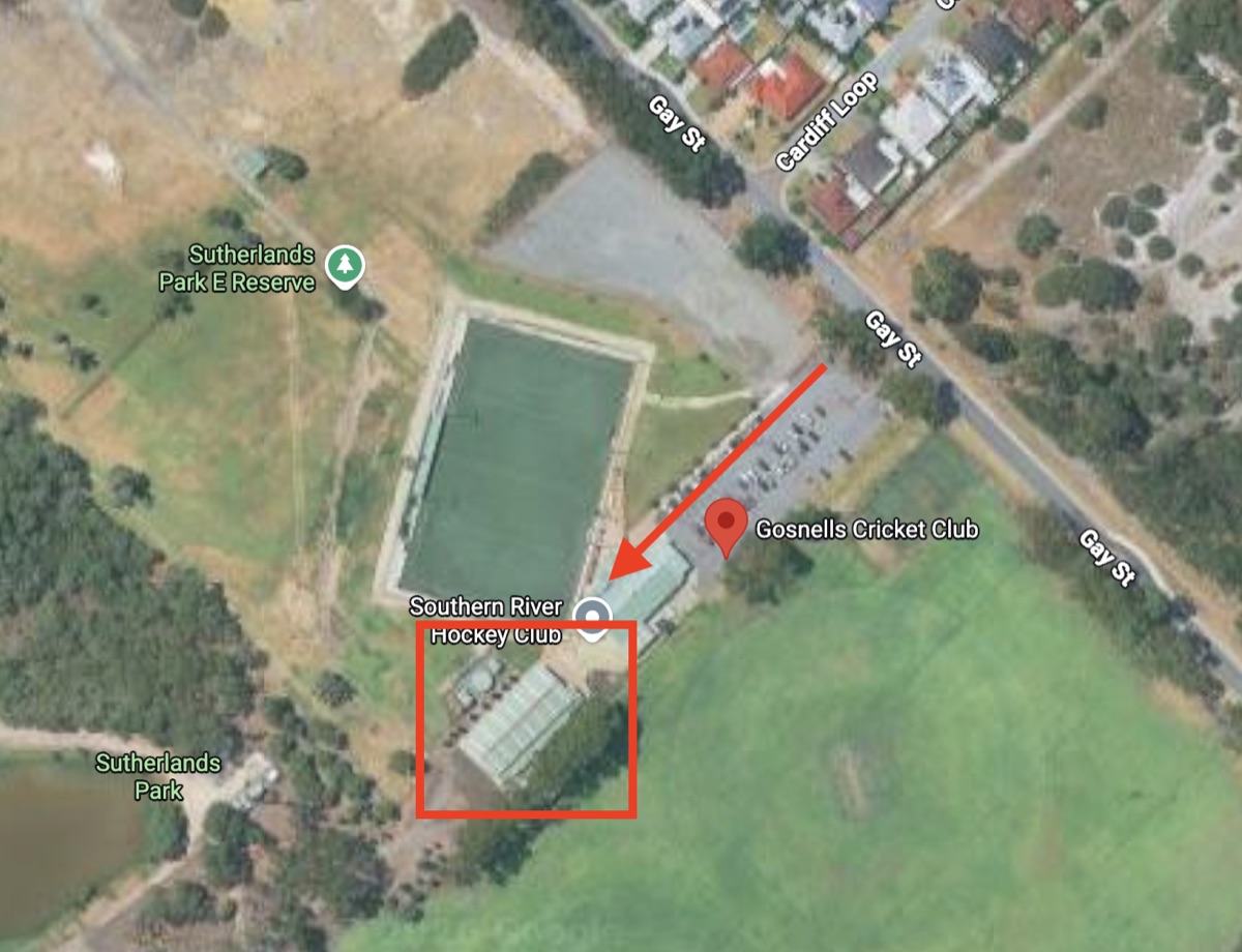 Satellite map of Gosnells CC Indoor Cricket Centre in Sutherlands Park, with the approach from Gay St marked