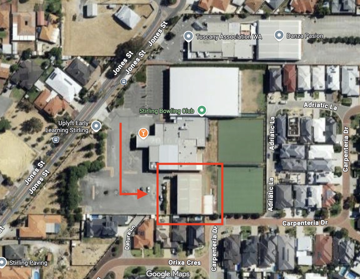 Satellite map of the Stirling Adriatic Centre, with the approach from Jones St marked